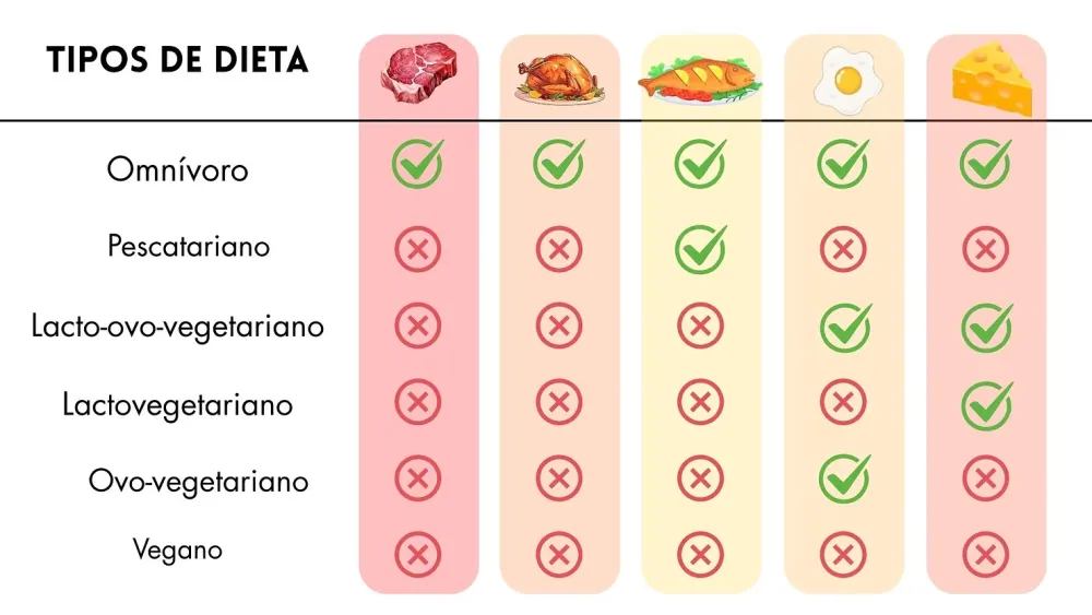 Tabla titulada Tipos de dieta que compara seis dietas con cinco alimentos: bistec, pollo asado, pescado, un huevo frito y queso. Los omnívoros comen los cinco. Los pescatarianos comen pescado, pero ninguno de los otros. Los lacto-ovo-vegetarianos comen huevos y queso. Los lactovegetarianos solo comen queso. Los ovo-vegetarianos solo comen huevos. Los veganos no comen ninguno de los cinco.