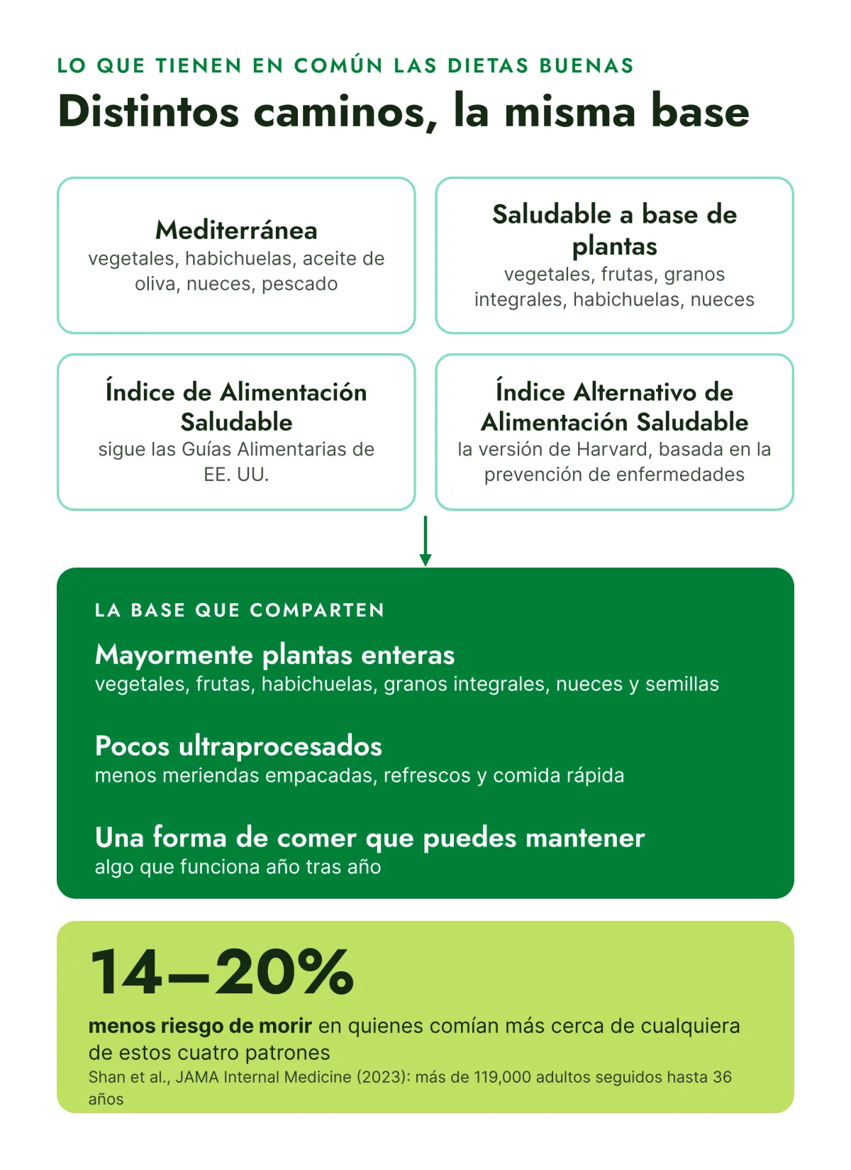 Infografía titulada Distintos caminos, la misma base. Cuatro cuadros en una cuadrícula de dos por dos, uno por cada patrón saludable: Mediterránea (vegetales, habichuelas, aceite de oliva, nueces, pescado), Saludable a base de plantas (vegetales, frutas, granos integrales, habichuelas, nueces), Índice de Alimentación Saludable (sigue las Guías Alimentarias de EE. UU.) e Índice Alternativo de Alimentación Saludable (la versión de Harvard, basada en la prevención de enfermedades). Una flecha apunta hacia un cuadro verde titulado La base que comparten: mayormente plantas enteras (vegetales, frutas, habichuelas, granos integrales, nueces y semillas), pocos ultraprocesados (menos meriendas empacadas, refrescos y comida rápida) y una forma de comer que puedes mantener (algo que funciona año tras año). Un panel verde lima abajo dice: 14–20% menos riesgo de morir en quienes comían más cerca de cualquiera de estos cuatro patrones. Shan et al., JAMA Internal Medicine (2023): más de 119,000 adultos seguidos hasta 36 años.