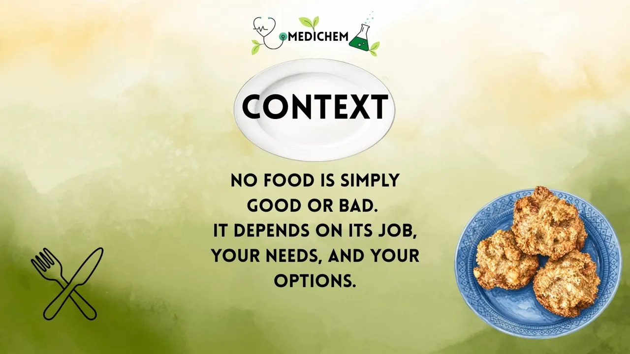 Back to the Plate blog header. The word CONTEXT on a white plate over a green and gold watercolor background, with the tagline 'No food is simply good or bad. It depends on its job, your needs, and your options.' A watercolor plate of oat energy cookies sits in the lower right and a fork and knife icon in the lower left.