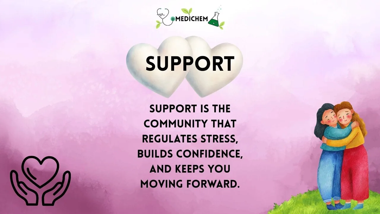 Two illustrated figures embrace against a soft pink watercolor background, with text: Support is the community that regulates stress, builds confidence, and keeps you moving forward.
