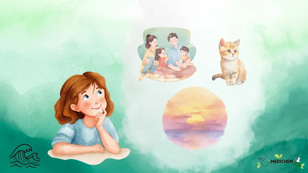 Watercolor illustration of a girl looking upward with thought bubbles showing a family on a couch, an orange cat, and a sunset over the ocean.