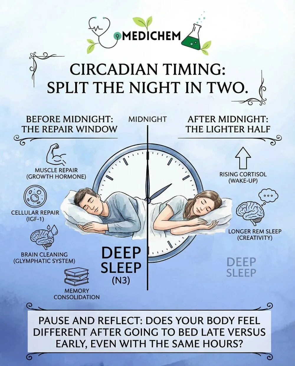 Infographic titled Circadian Timing: Split the Night in Two. Before midnight is the repair window (muscle repair, cellular repair, glymphatic cleaning, memory consolidation); after midnight is the lighter half (rising cortisol, longer REM sleep).