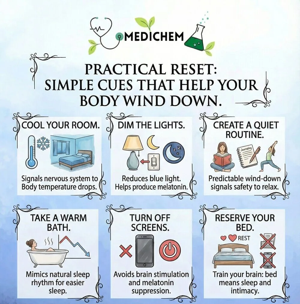 Infographic titled Practical Reset: Simple Signals That Help Your Body Relax. Six tips: cool your room, dim the lights, create a calm routine, take a warm bath, turn off screens, and reserve the bed for sleep and intimacy.