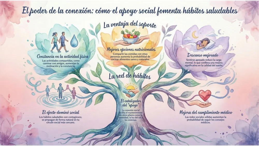 Infografía en acuarela, El Poder de la Conexión: un árbol florecido que muestra cinco maneras en que el apoyo social construye hábitos saludables — actividad física, nutrición, descanso, el efecto dominó social y la adherencia médica.