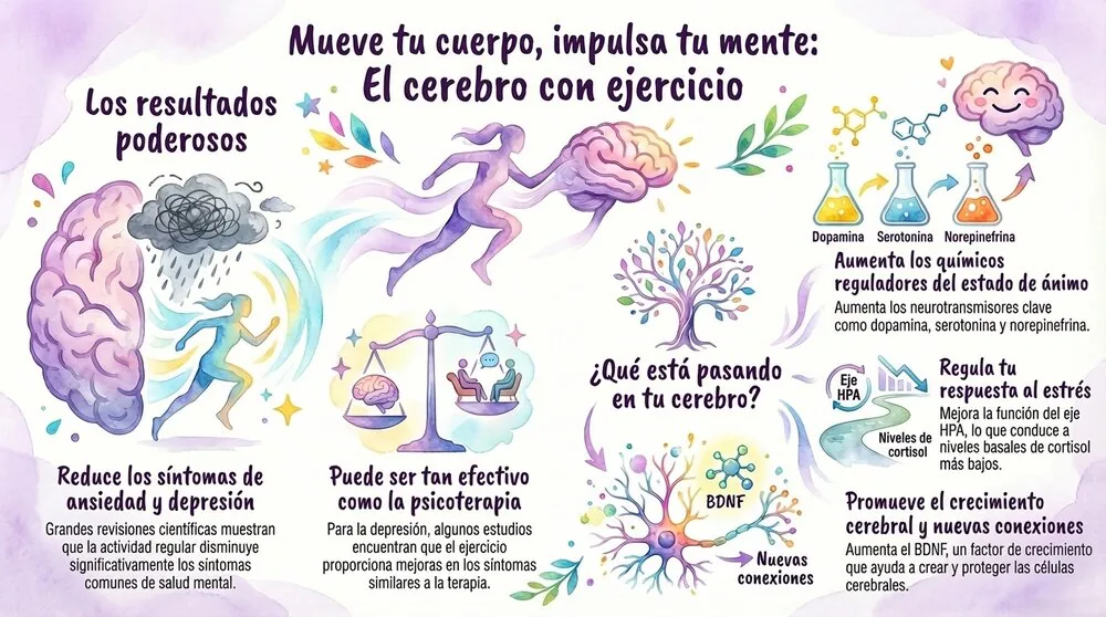 Infografía: Mueve tu cuerpo, impulsa tu mente: el cerebro y el ejercicio. Reducción de ansiedad y depresión; aumento de dopamina, serotonina y norepinefrina; regulación del eje HPA y cortisol; y mayor producción de BDNF.