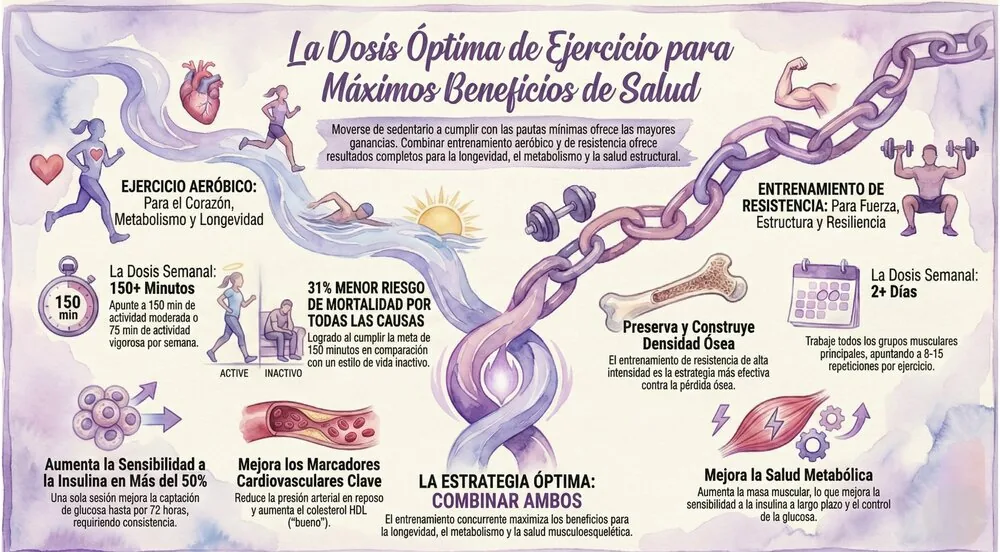 Infografía: La dosis óptima de ejercicio. Ejercicio aeróbico (150 minutos moderados o 75 vigorosos por semana) más entrenamiento de fuerza (al menos dos días por semana); combinar ambos ofrece mayores beneficios.