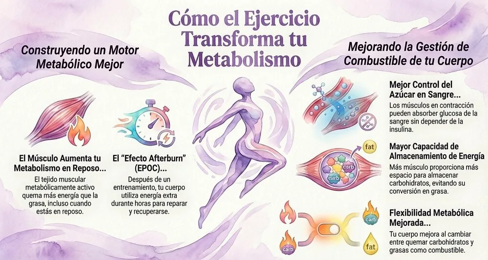 Infografía: Cómo el ejercicio transforma tu metabolismo. Aumento del metabolismo en reposo y efecto de postcombustión (EPOC); los músculos absorben glucosa sin insulina, almacenan glucógeno y mejoran la flexibilidad metabólica.