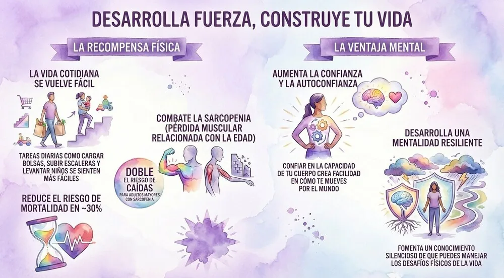 Infografía: Construye fuerza, construye tu vida. Beneficios físicos (tareas cotidianas más fáciles, menos sarcopenia, caídas y fracturas, menor mortalidad) y beneficios mentales (confianza, resiliencia, seguridad).