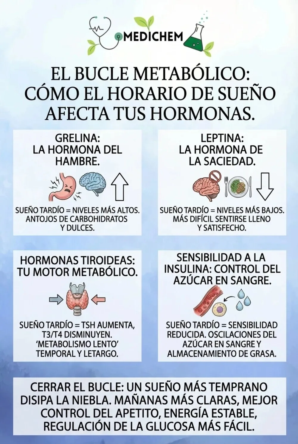 Infografía: El bucle metabólico, cómo el horario de sueño afecta tus hormonas. Dormir tarde aumenta la grelina, baja la leptina, altera las hormonas tiroideas y reduce la sensibilidad a la insulina; dormir más temprano mejora energía, apetito y regulación de glucosa.