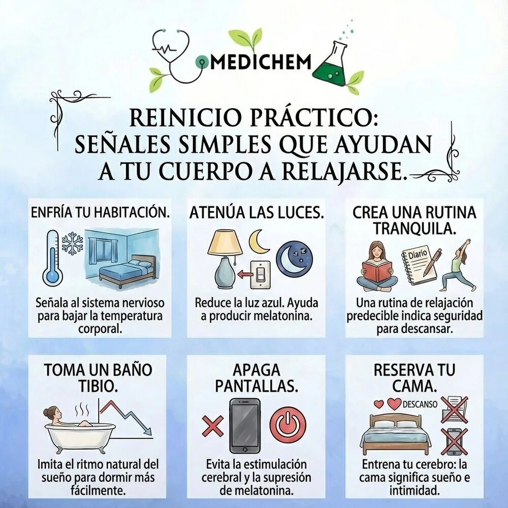 Infografía: Reinicio práctico, señales simples que ayudan a tu cuerpo a relajarse. Seis consejos: enfriar la habitación, atenuar las luces, crear una rutina tranquila, tomar un baño tibio, apagar pantallas y reservar la cama solo para dormir e intimidad.