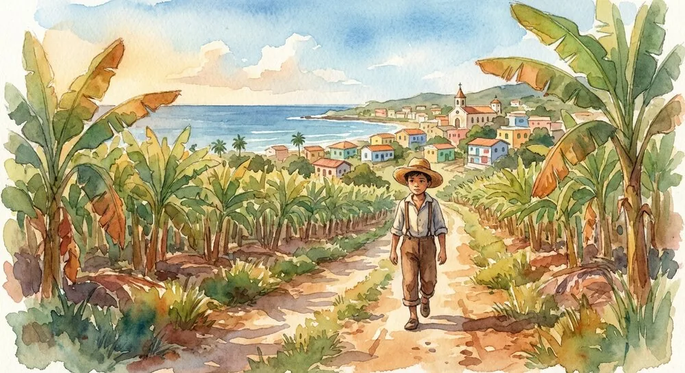 A boy walking through a lush plantain field in a coastal Puerto Rican town.