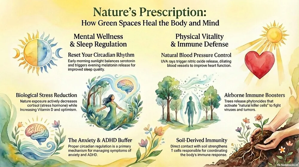 Infographic titled Nature's Prescription showing how nature supports wellness, stress relief, sleep, and immunity, with sun, trees, heart, and brain icons.