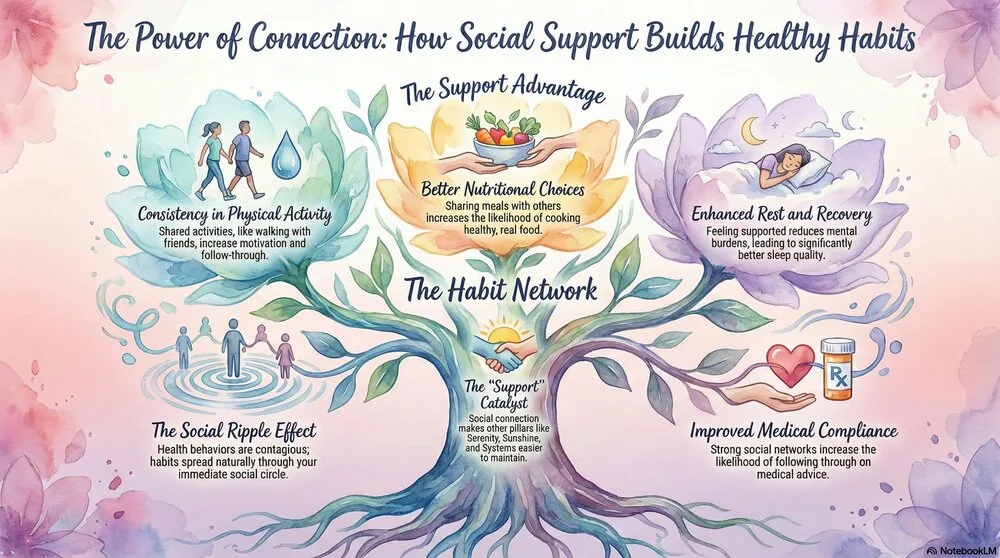 Watercolor infographic, The Power of Connection: a flowering tree showing five ways social support builds healthy habits — physical activity, nutrition, rest, the social ripple effect, and medical compliance.