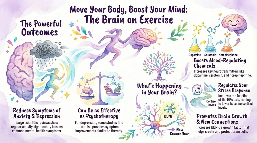 Infographic: Move Your Body, Boost Your Mind: The Brain on Exercise. Reduced symptoms of anxiety and depression; increased dopamine, serotonin, and norepinephrine; regulation of the HPA stress axis and cortisol; and increased BDNF supporting new neural connections.