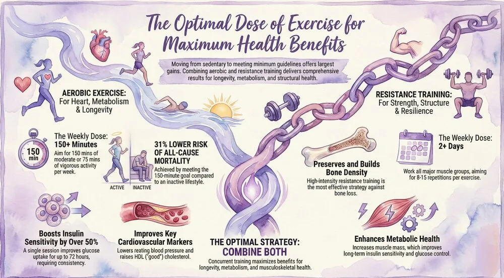 Infographic: The Optimal Dose of Exercise for Maximum Health Benefits. Aerobic exercise (about 150 minutes per week moderate or 75 minutes vigorous) plus resistance training (at least two days per week); combining both gives the greatest overall benefit.