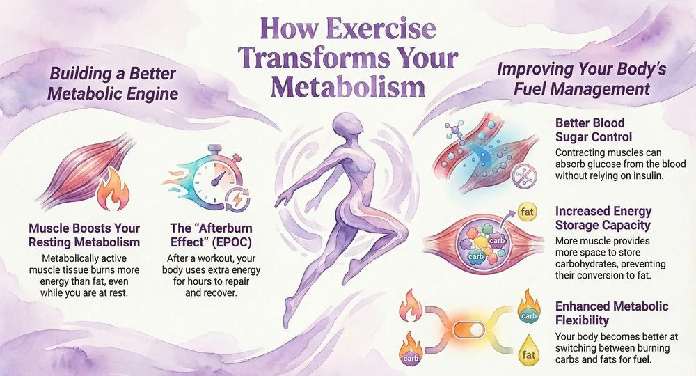 Infographic: How Exercise Transforms Your Metabolism. Building a better metabolic engine (increased resting metabolism from muscle, the afterburn effect) and improved fuel management (muscles absorbing glucose without insulin, more carbohydrate storage, metabolic flexibility).