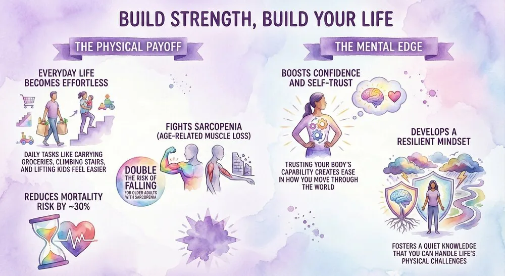 Infographic: Build Strength, Build Your Life. The physical payoff (everyday tasks get easier, strength training fights sarcopenia, reduces fall risk, ~30% lower mortality) and the mental edge (confidence, self-trust, resilience).