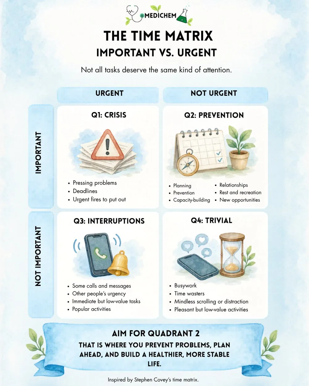 MediChem infographic, The Time Matrix: Important vs. Urgent, a four-quadrant grid. Q1 Crisis (warning sign, urgent problems and deadlines), Q2 Prevention (calendar and compass, planning, relationships, capacity-building), Q3 Interruptions (ringing phone, other people's urgency), Q4 Trivial (phone and hourglass, busywork and mindless scrolling). Bottom banner reads, Aim for Quadrant 2. That is where you prevent problems, plan ahead, and build a healthier, more stable life. Inspired by Stephen Covey's time matrix.